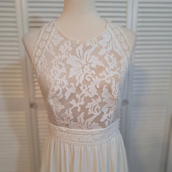 Lulu's ivory nude lace chiffon maxi dress medium *D4 - Picture 8 of 12